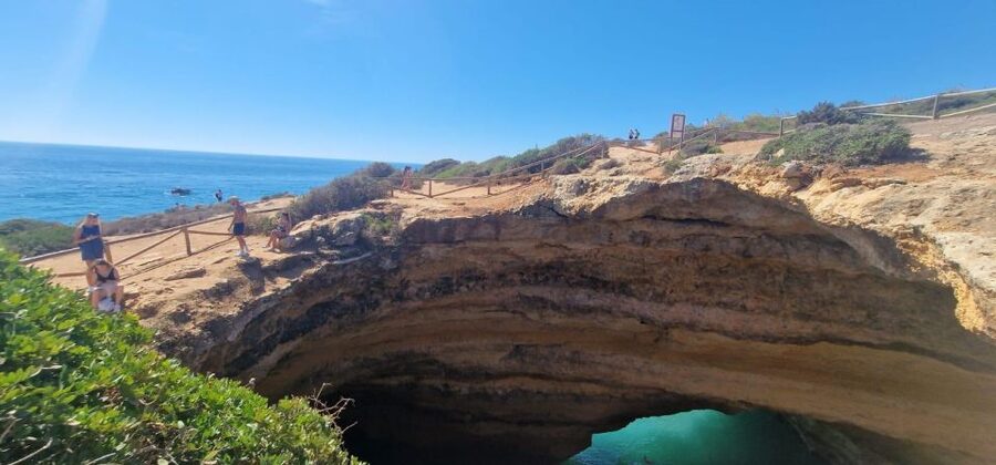 From Faro: 7 Valleys Hiking, Benagil Cave, & Snorkeling Tour - Senhora da Rocha Chapel above the sea