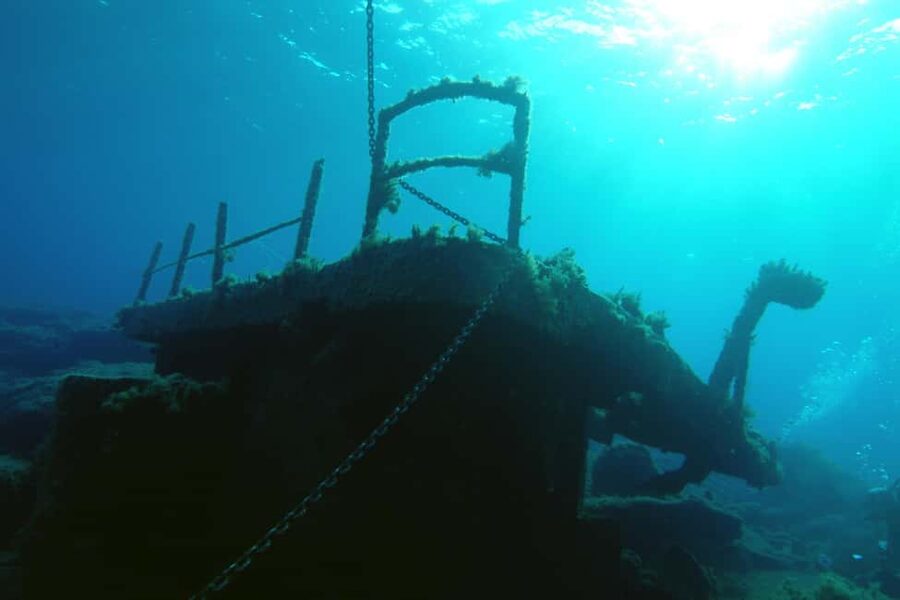 Paphos: The Yellow Glass-Bottom Boat Cruise Swim & Snorkel - Looking down at the 1974 shipwreck