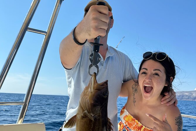 Santorini Fishing Private Cruise boat tour - BBQ, Snorkeling - Seeing Santorini from the water