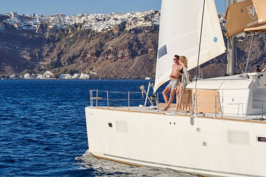 Santorini Gold Catamaran Cruise with Snorkel, BBQ & Open Bar - Red Beach brings the first swim