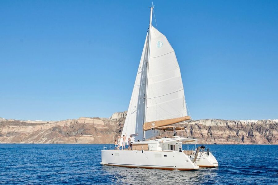Santorini Gold Catamaran Cruise with Snorkel, BBQ & Open Bar - Mesa Pigadia is the main swimming and meal stop